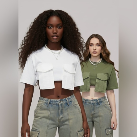 Women’s Ultra Short Cargo Crop Top with Round Neck and Pocket - Casual - Picture 9 of 14